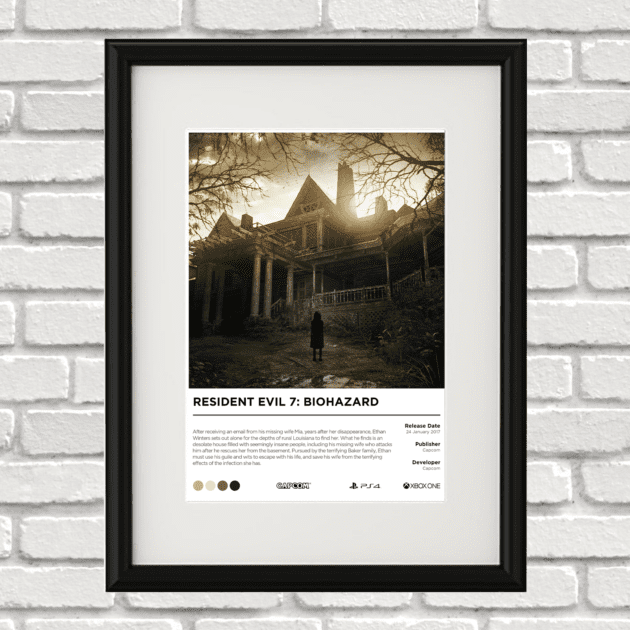 Image of a custom Resident Evil 7 print in a black frame mounted on a white brick wall