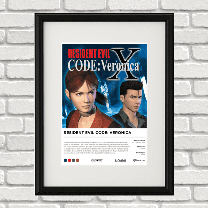 Image of a custom Resident Evil Code Veronicaprint in a black frame mounted on a white brick wall