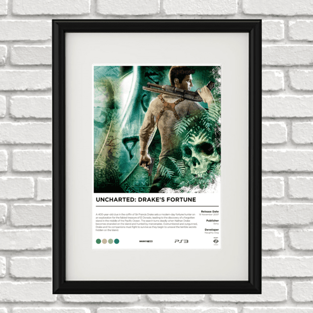 Image of a custom Uncharted print in a black frame mounted on a white brick wall