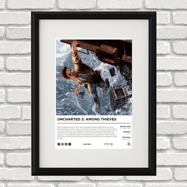 Image of a custom Uncharted 2 print in a black frame mounted on a white brick wall
