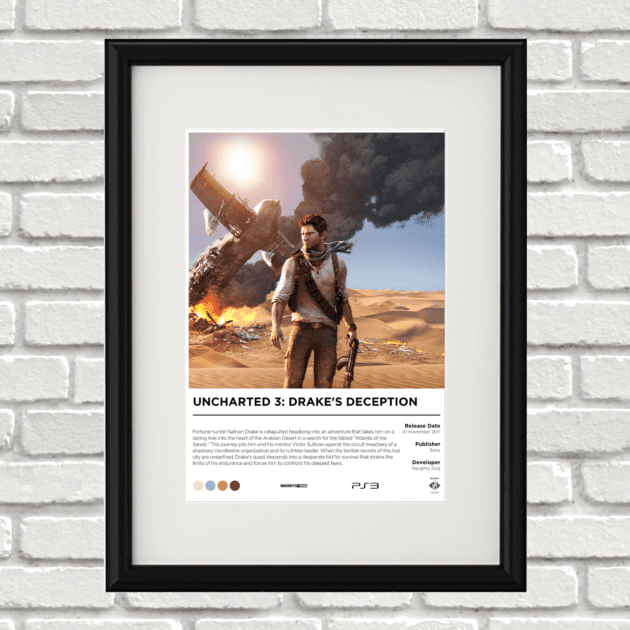 Image of a custom Uncharted 3 print in a black frame mounted on a white brick wall