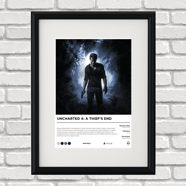 Image of a custom Uncharted 4 print in a black frame mounted on a white brick wall