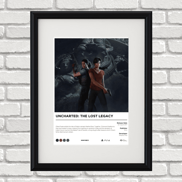 Image of a custom Uncharted Lost Legacy print in a black frame mounted on a white brick wall