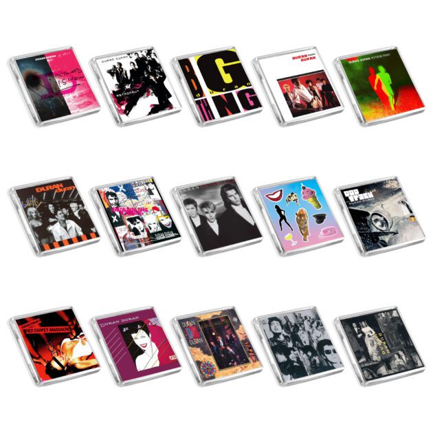Set of 15 Duran Duran album cover-inspired fridge magnets on a white background