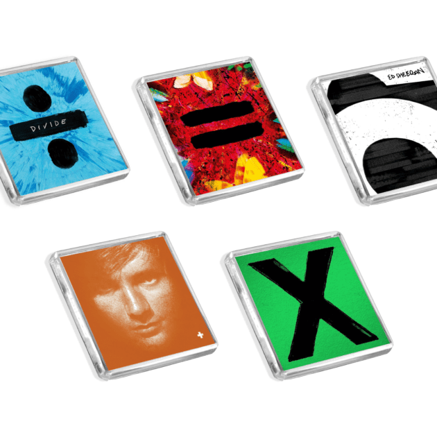 Set of 5 Ed Sheeran album cover-inspired fridge magnets on a white background