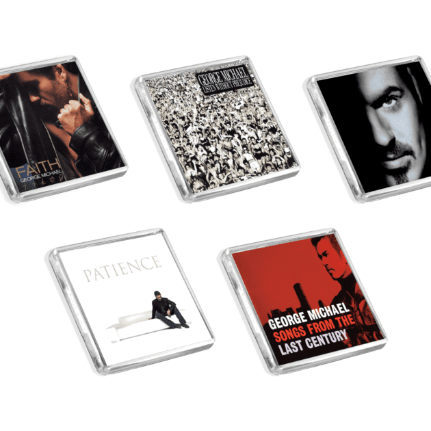 Set of 5 George Michael album cover-inspired fridge magnets on a white background