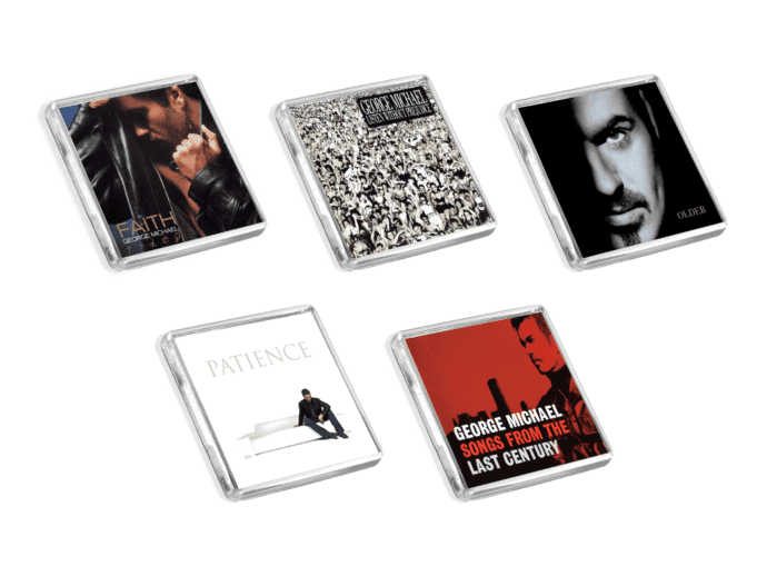 Set of 5 George Michael album cover-inspired fridge magnets on a white background