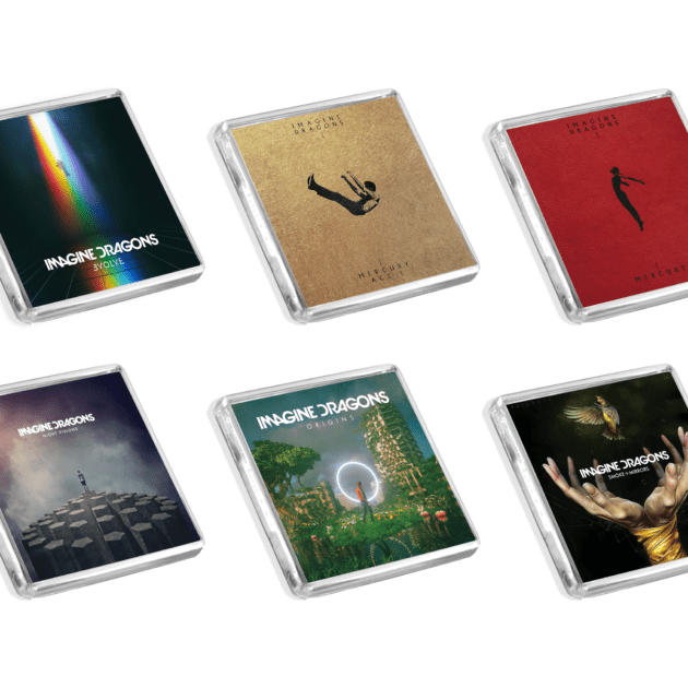 Set of 6 Imagine Dragons album cover-inspired fridge magnets on a white background