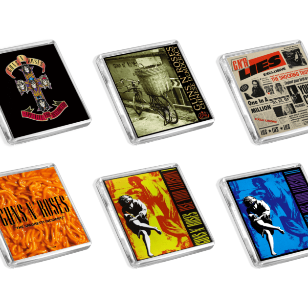 Set of 6 Guns n' Roses album cover-inspired fridge magnets on a white background