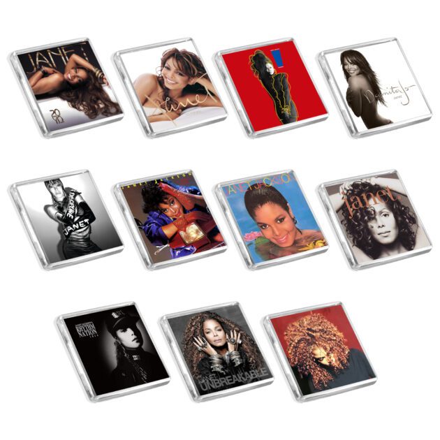 Set of 11 Janet Jackson album cover-inspired fridge magnets on a white background