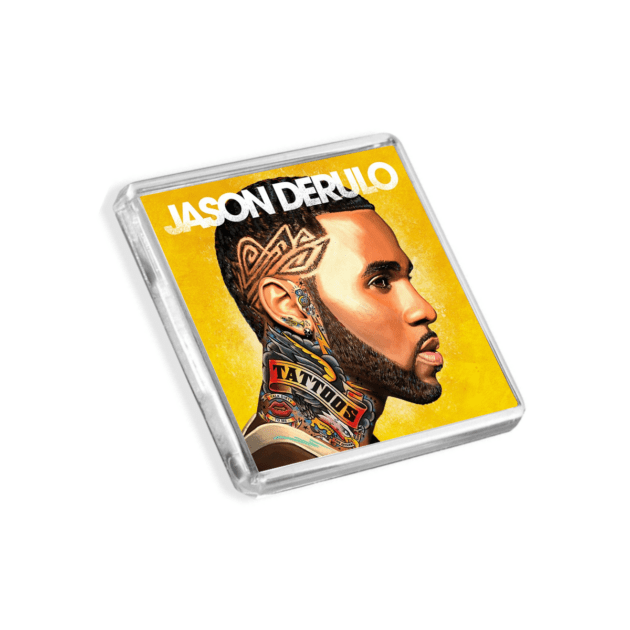 Image of Jason Derulo - Tattoos album cover-inspired fridge magnet on a white background