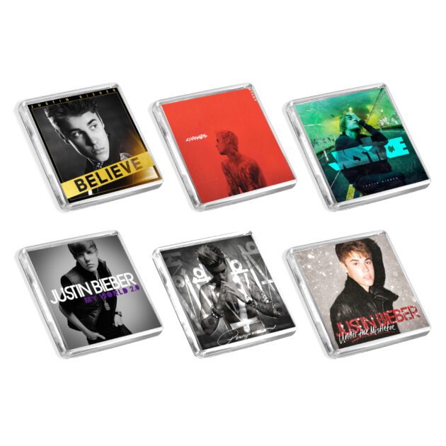 Set of 6 Justin Bieber album cover-inspired fridge magnets on a white background