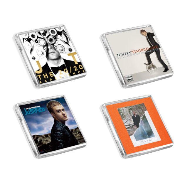 Set of 4 Justin Timberlake album cover-inspired fridge magnets on a white background