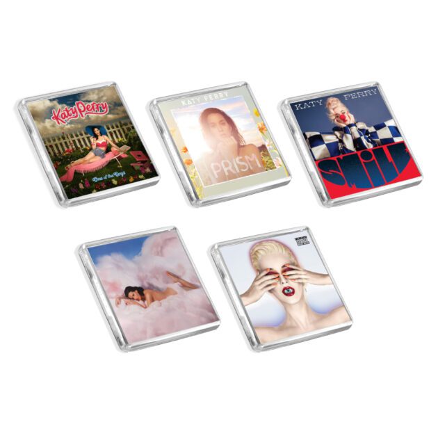 Set of 5 Katy Perry album cover-inspired fridge magnets on a white background