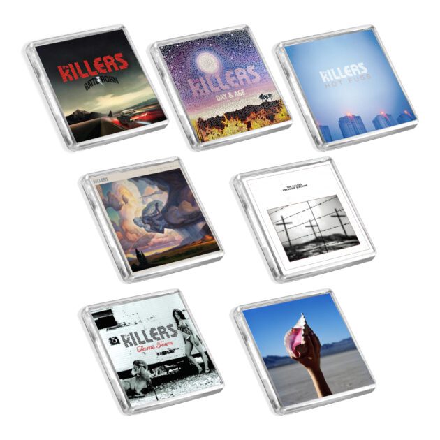 Set of 7 The Killers album cover-inspired fridge magnets on a white background