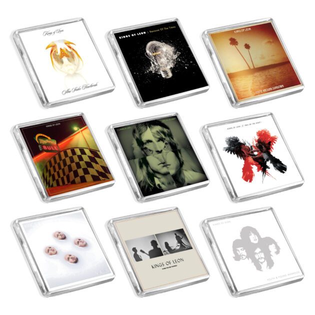 Set of 9 Kings of Leon album cover-inspired fridge magnets on a white background