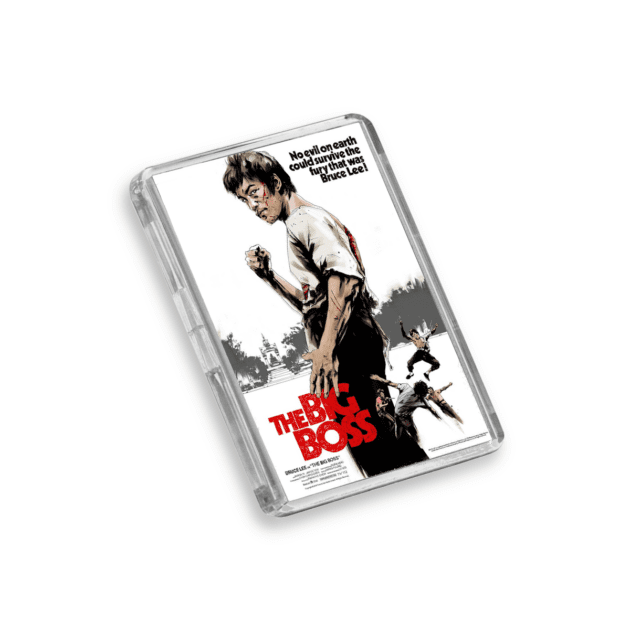 Image of The Big Boss movie poster-inspired fridge magnet on a white background