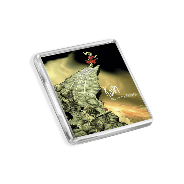 Image of Korn - Follow the Leader album cover-inspired fridge magnet on a white background