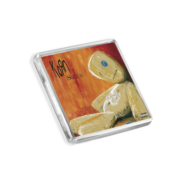 Image of Korn - Issues album cover-inspired fridge magnet on a white background