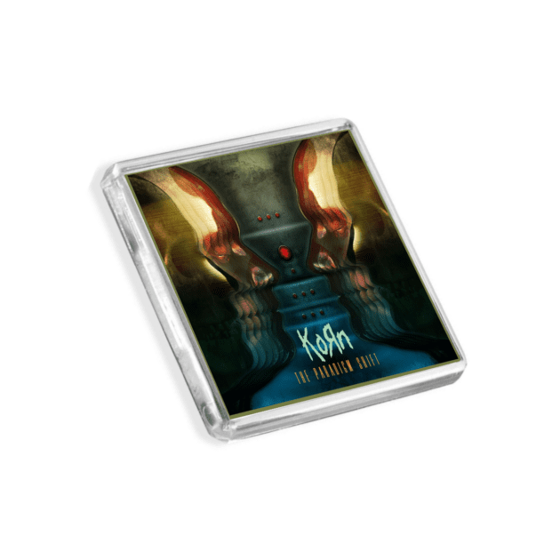 Image of Korn - Paradigm Shift album cover-inspired fridge magnet on a white background