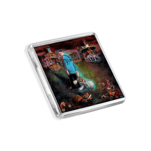 Image of Korn -Serenity of Suffering album cover-inspired fridge magnet on a white background