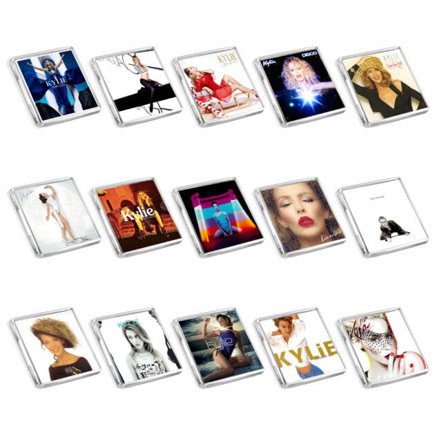 Set of 15 Kylie Minogue album cover-inspired fridge magnets on a white background