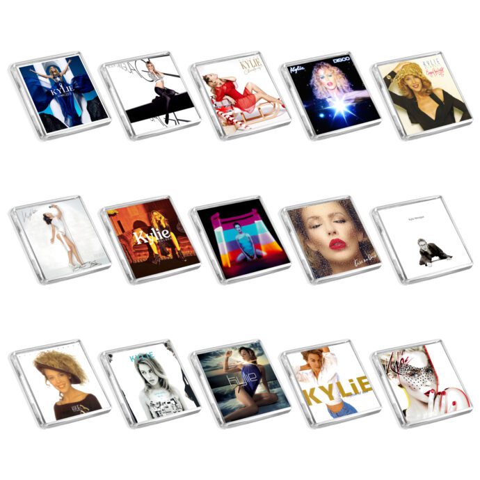 Set of 15 Kylie Minogue album cover-inspired fridge magnets on a white background