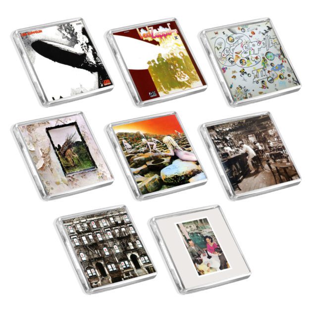 Set of 8 Led Zeppelin album cover-inspired fridge magnets on a white background