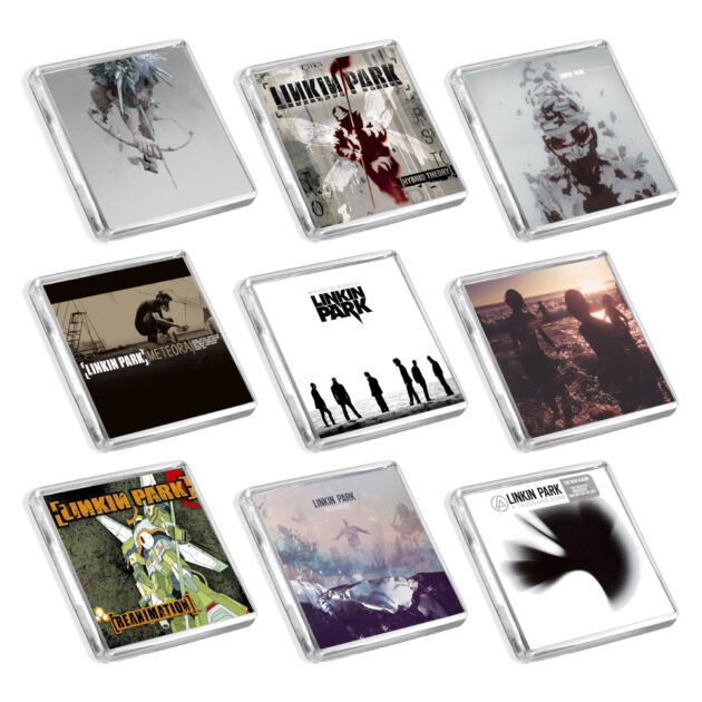 Set of 9 Linkin Park album cover-inspired fridge magnets on a white background