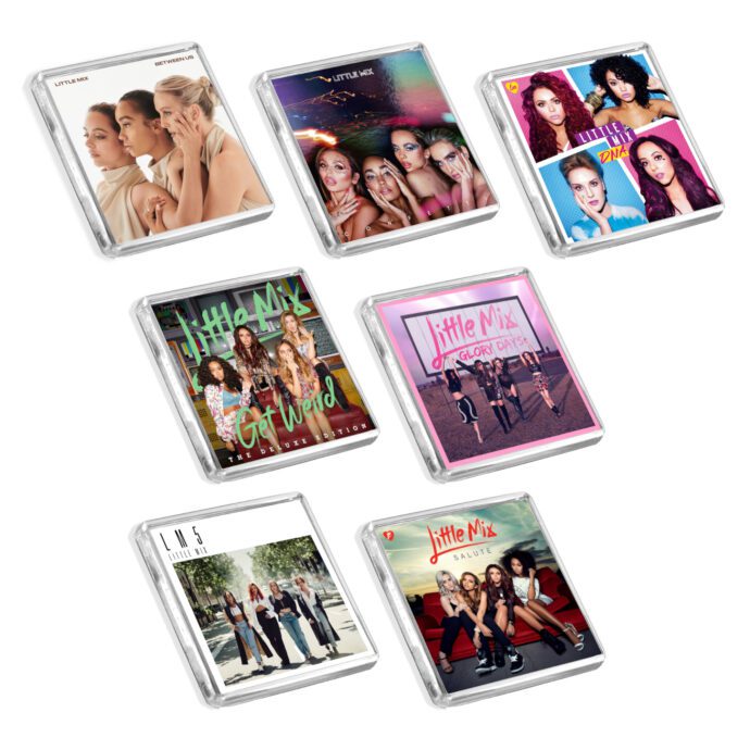 Set of 7 Little Mix album cover-inspired fridge magnets on a white background