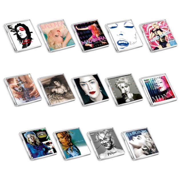 Set of 14 Madonna album cover-inspired fridge magnets on a white background