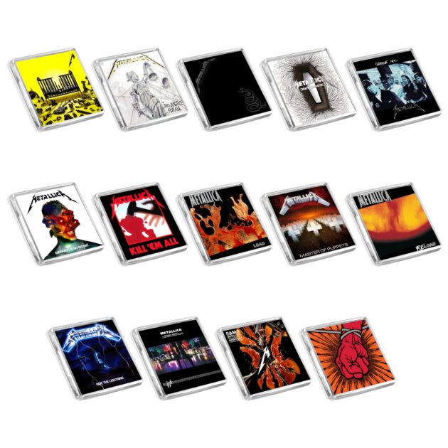 Set of 14 Metallica album cover-inspired fridge magnets on a white background