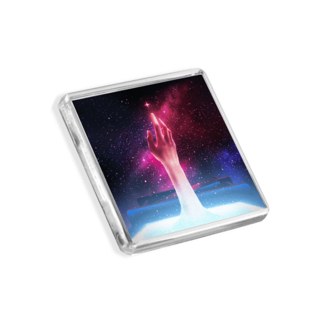 Image of The Midnight - Heroes album cover-inspired fridge magnet on a white background