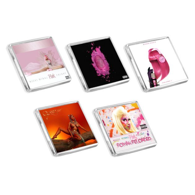 Set of 5 Nicki Minaj album cover-inspired fridge magnets on a white background