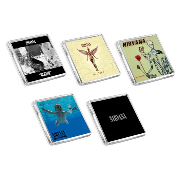 Set of 5 Nirvana album cover-inspired fridge magnets on a white background