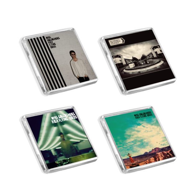 Set of 4 Noel Gallagher's High Flying Birds album cover-inspired fridge magnets on a white background