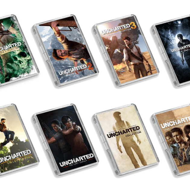 Set of 8 Uncharted video game cover-inspired fridge magnets on a white background
