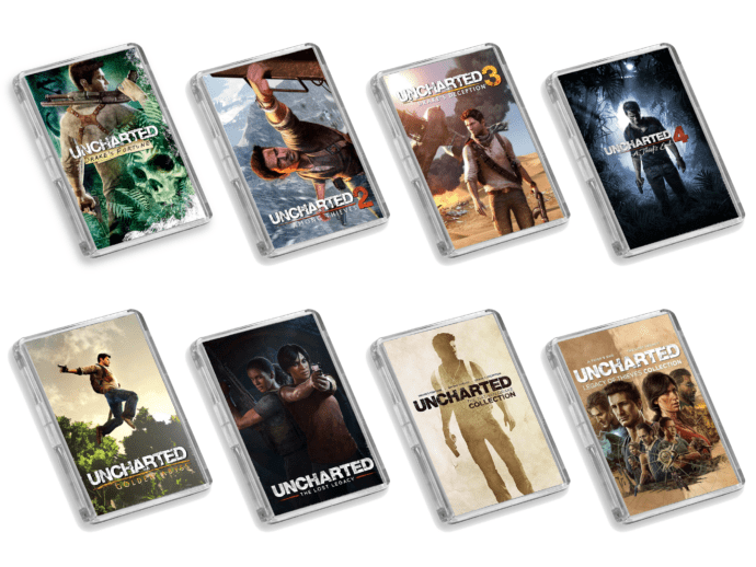 Set of 8 Uncharted video game cover-inspired fridge magnets on a white background