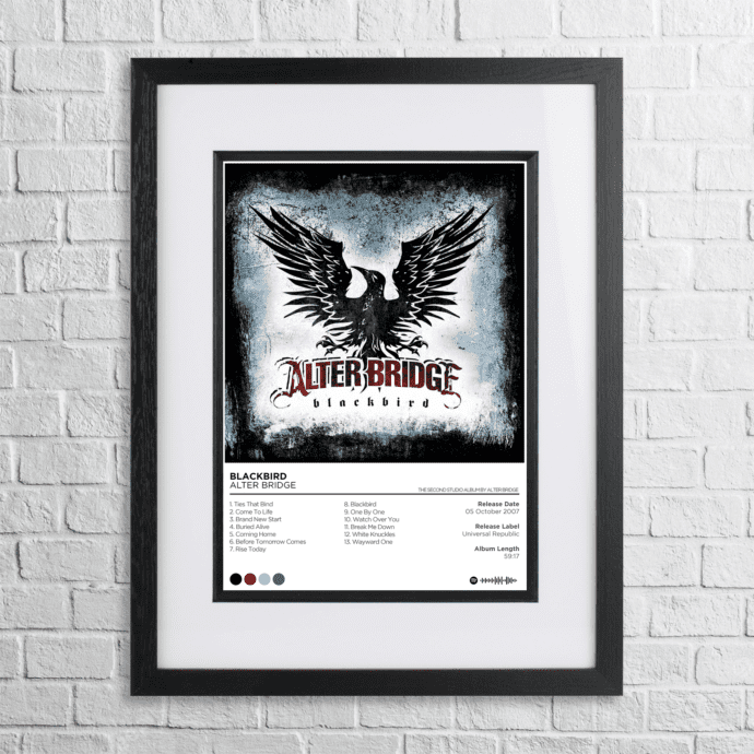 A4 custom design poster of Alter Bridge - Blackbird in a black, dual-aspect frame on a white brick background