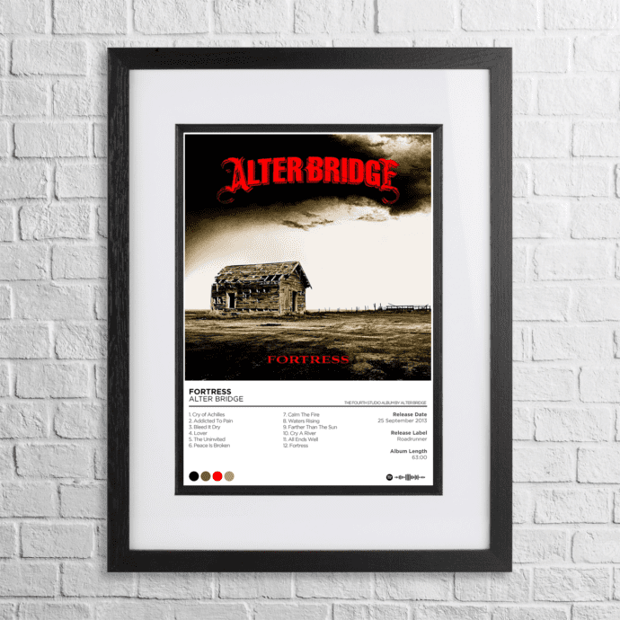 A4 custom design poster of Alter Bridge - Fortress in a black, dual-aspect frame on a white brick background