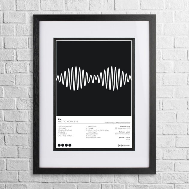 A4 custom design poster of Arctic Monkeys - AM in a black, dual-aspect frame on a white brick background