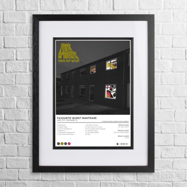 A4 custom design poster of Arctic Monkeys - Favourite Worst Nightmare in a black, dual-aspect frame on a white brick background