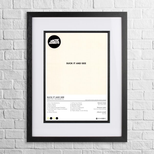 A4 custom design poster of Arctic Monkeys - Suck It and See in a black, dual-aspect frame on a white brick background