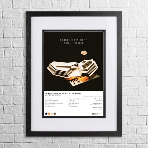 A4 custom design poster of Arctic Monkeys - Tranquility Base in a black, dual-aspect frame on a white brick background