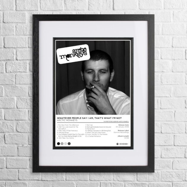 A4 custom design poster of Arctic Monkeys - Whatever You Say I Am, That's What I'm Not in a black, dual-aspect frame on a white brick background