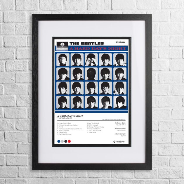 A4 custom design poster of The Beatles - A Hard Day's Night in a black, dual-aspect frame on a white brick background
