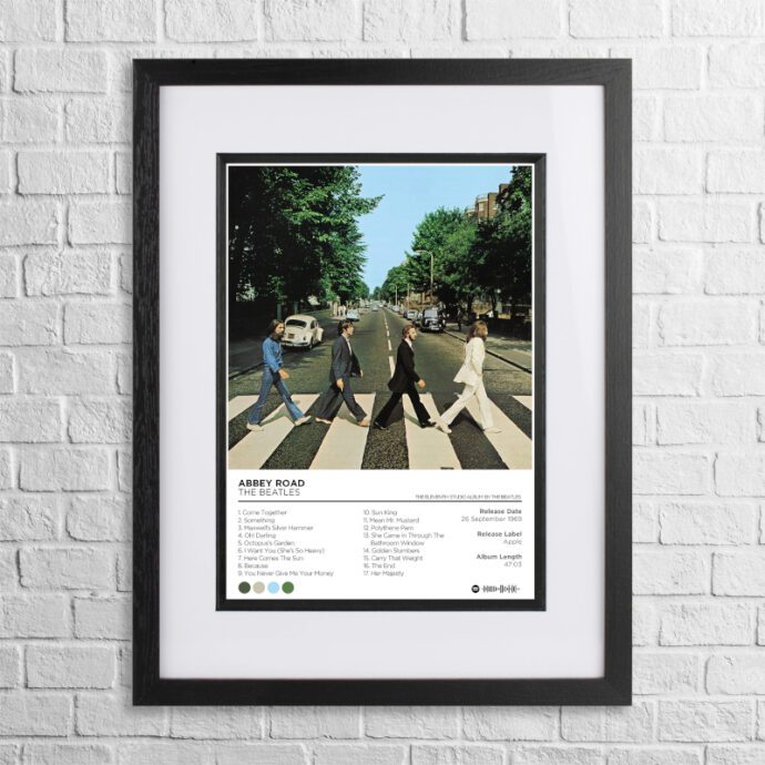 A4 custom design poster of The Beatles - Abbey Road in a black, dual-aspect frame on a white brick background