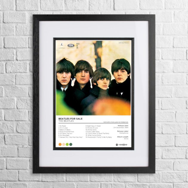 A4 custom design poster of The Beatles - For Sale in a black, dual-aspect frame on a white brick background