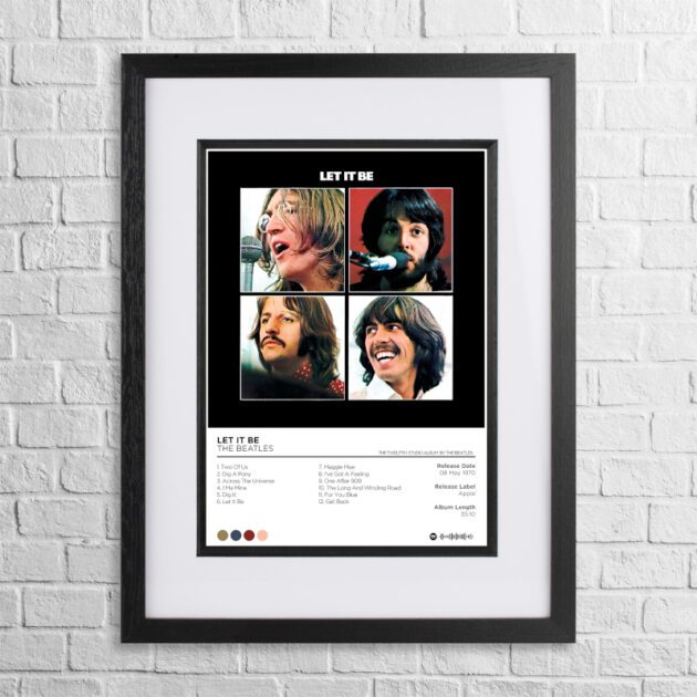 A4 custom design poster of The Beatles - Let It Be in a black, dual-aspect frame on a white brick background