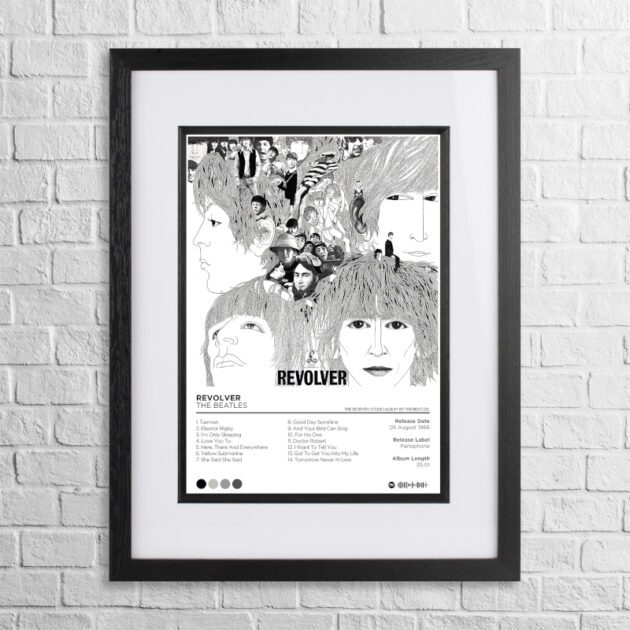 A4 custom design poster of The Beatles - Revolver in a black, dual-aspect frame on a white brick background